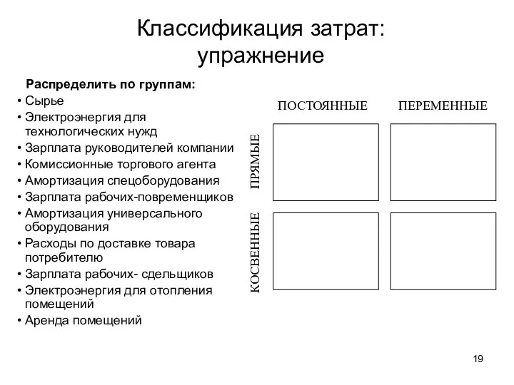 Классификация затрат: упражнение Распределить по группам: Сырье Электроэнергия для технологических нужд