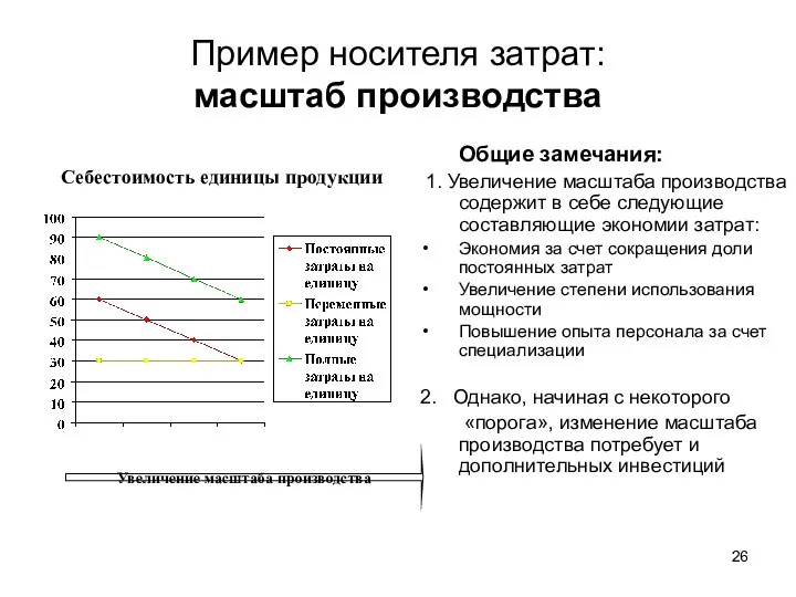 Пример носителя затрат: масштаб производства Общие замечания: 1. Увеличение масштаба производства