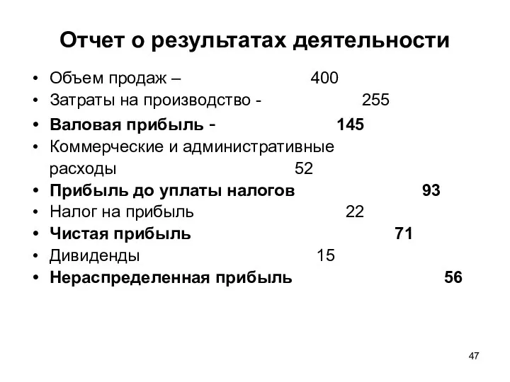 Отчет о результатах деятельности Объем продаж – 400 Затраты на производство