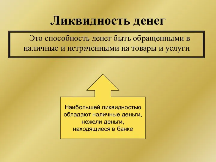 Ликвидность денег Это способность денег быть обращенными в наличные и истраченными