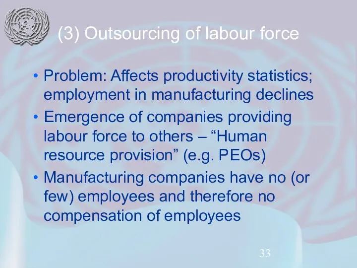 (3) Outsourcing of labour force Problem: Affects productivity statistics; employment in