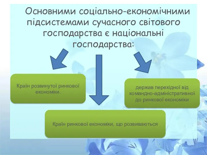 Основними соціально-економічними підсистемами сучасного світового господарства є національні господарства: