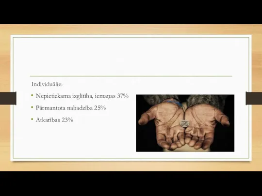 Individuālie: Nepietiekama izglītība, iemaņas 37% Pārmantota nabadzība 25% Atkarības 23%