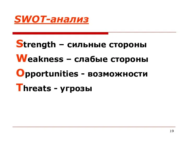 Strength – сильные стороны Weakness – слабые стороны Opportunities - возможности Threats - угрозы SWOT-анализ