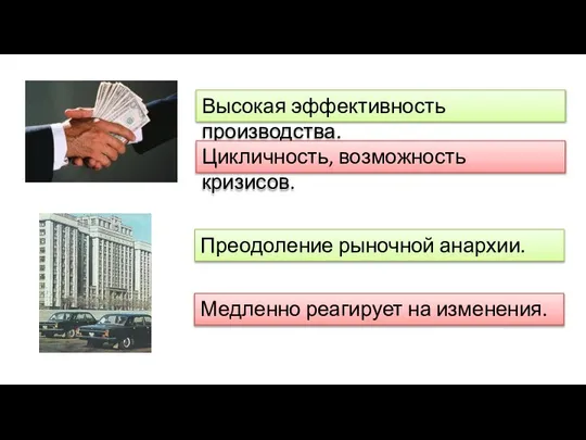 Высокая эффективность производства. Цикличность, возможность кризисов. Преодоление рыночной анархии. Медленно реагирует на изменения.