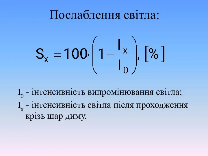 Послаблення світла: I0 - інтенсивність випромінювання світла; Iх - інтенсивність світла після проходження крізь шар диму.