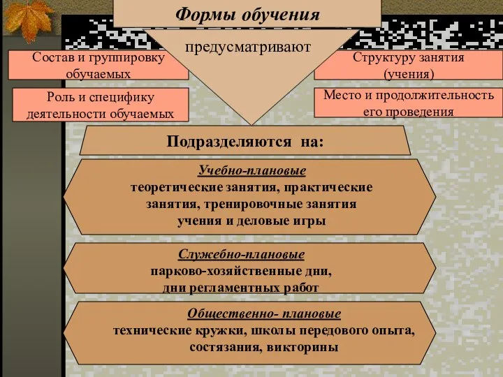 Формы обучения Состав и группировку обучаемых Структуру занятия (учения) Роль и