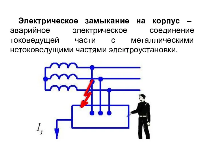 Электрическое замыкание на корпус – аварийное электрическое соединение токоведущей части с металлическими нетоковедущими частями электроустановки.