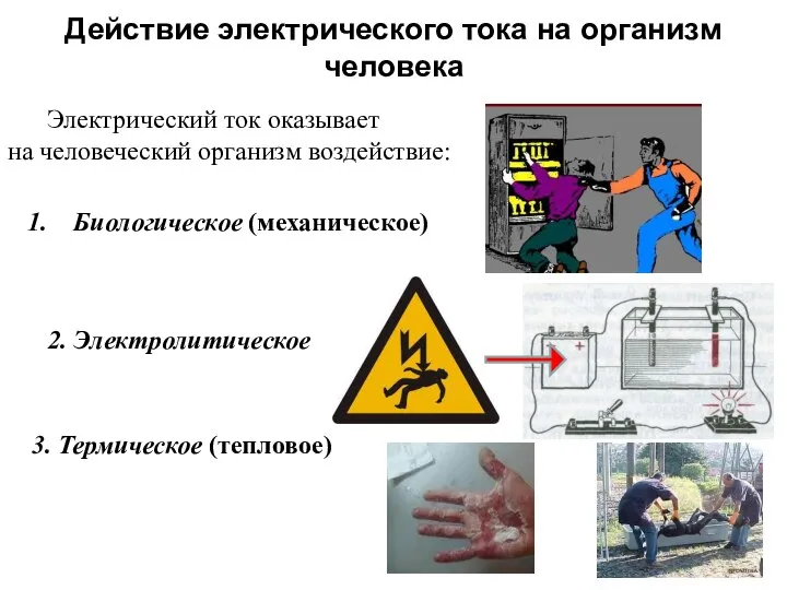 Действие электрического тока на организм человека Электрический ток оказывает на человеческий