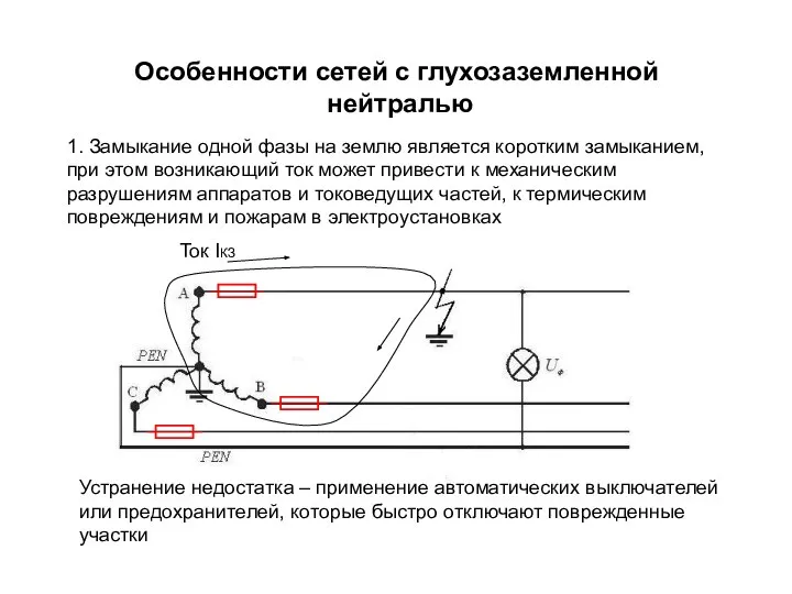 Особенности сетей с глухозаземленной нейтралью 1. Замыкание одной фазы на землю