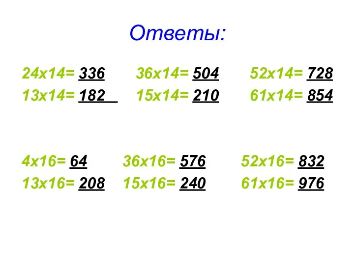 Ответы: 24х14= 336 36х14= 504 52х14= 728 13х14= 182 15х14= 210