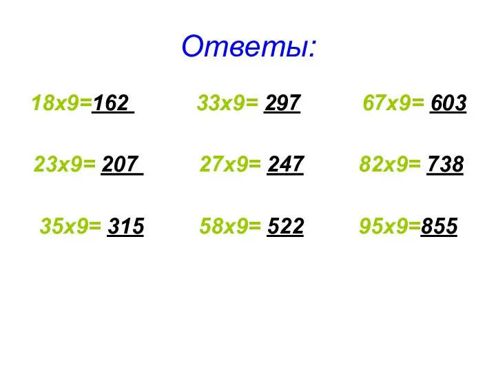 Ответы: 18х9=162 33х9= 297 67х9= 603 23х9= 207 27х9= 247 82х9=