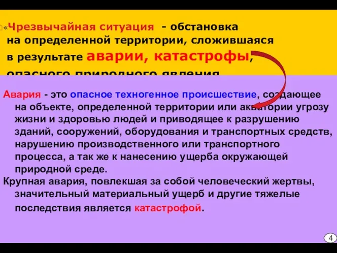 «Чрезвычайная ситуация - обстановка на определенной территории, сложившаяся в результате аварии,