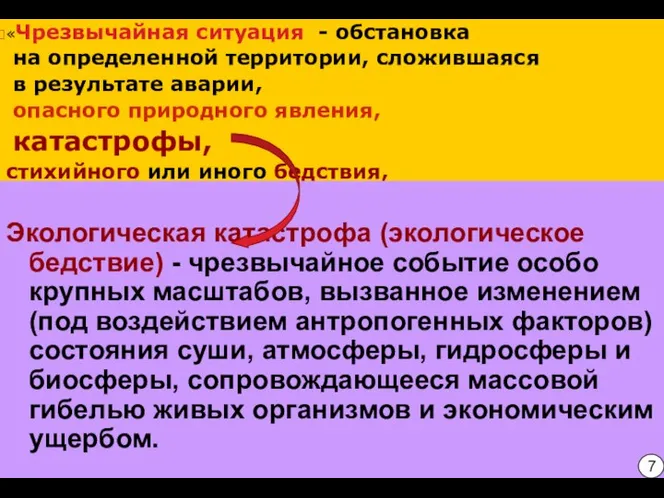 «Чрезвычайная ситуация - обстановка на определенной территории, сложившаяся в результате аварии,