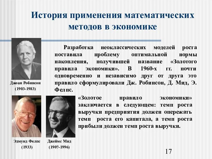 История применения математических методов в экономике Джоан Робинсон (1903-1983) Эдмунд Фелпс (1933) Джеймс Мид (1907-1996)