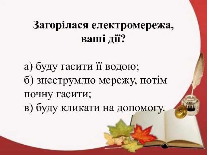 Загорілася електромережа, ваші дії? а) буду гасити її водою; б) знеструмлю