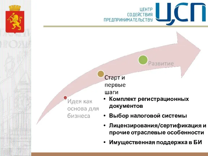 Комплект регистрационных документов Выбор налоговой системы Лицензирования/сертификация и прочие отраслевые особенности Имущественная поддержка в БИ