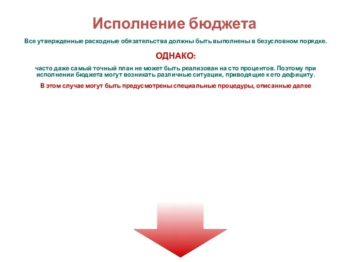 Исполнение бюджета Все утвержденные расходные обязательства должны быть выполнены в безусловном