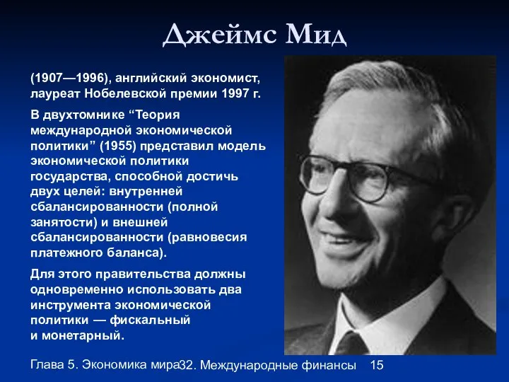 Глава 5. Экономика мира 32. Международные финансы Джеймс Мид (1907—1996), английский