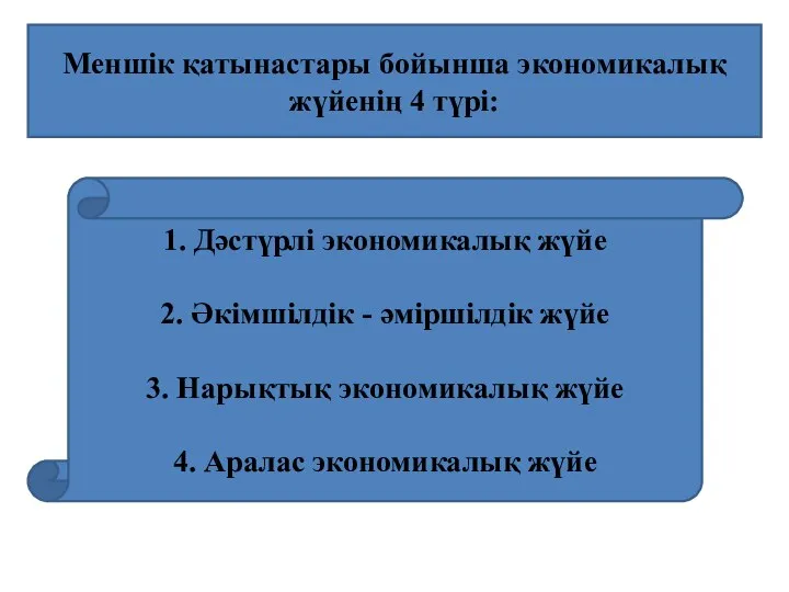 Меншік қатынастары бойынша экономикалық жүйенің 4 түрі: 1. Дәстүрлі экономикалық жүйе