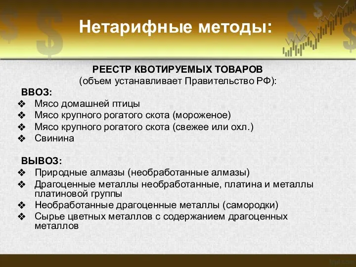 Нетарифные методы: РЕЕСТР КВОТИРУЕМЫХ ТОВАРОВ (объем устанавливает Правительство РФ): ВВОЗ: Мясо