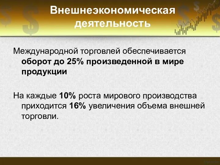 Внешнеэкономическая деятельность Международной торговлей обеспечивается оборот до 25% произведенной в мире