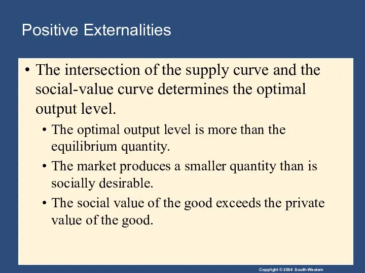 Positive Externalities The intersection of the supply curve and the social-value