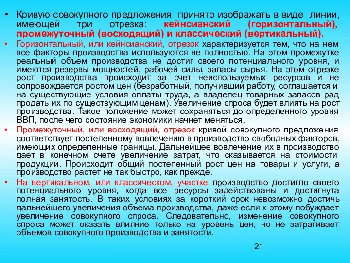 Кривую совокупного предложения принято изображать в виде линии, имеющей три отрезка: