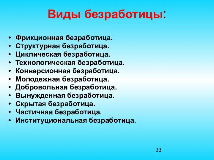 Виды безработицы: Фрикционная безработица. Структурная безработица. Циклическая безработица. Технологическая безработица. Конверсионная