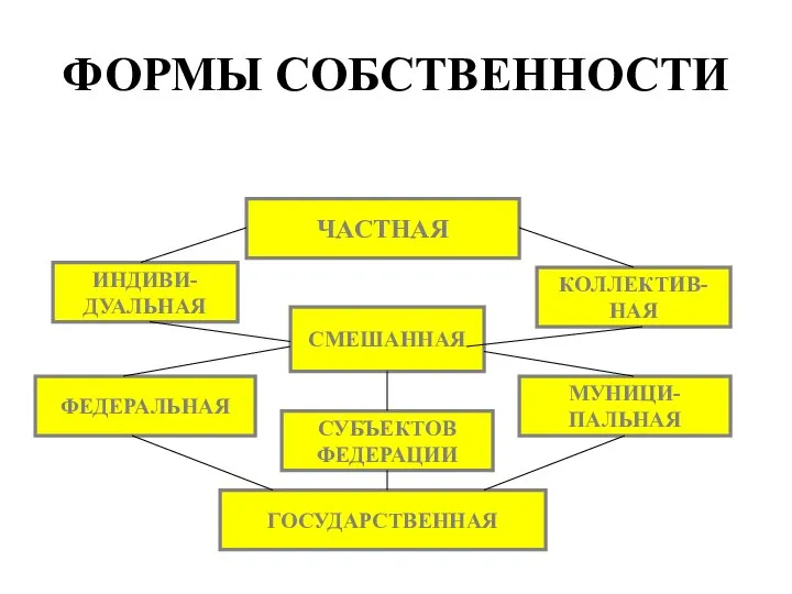 ФОРМЫ СОБСТВЕННОСТИ ЧАСТНАЯ СМЕШАННАЯ МУНИЦИ- ПАЛЬНАЯ ФЕДЕРАЛЬНАЯ КОЛЛЕКТИВ- НАЯ ИНДИВИ- ДУАЛЬНАЯ ГОСУДАРСТВЕННАЯ СУБЪЕКТОВ ФЕДЕРАЦИИ