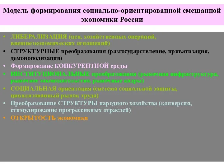 Модель формирования социально-ориентированной смешанной экономики России ЛИБЕРАЛИЗАЦИЯ (цен, хозяйственных операций, внешнеэкономических