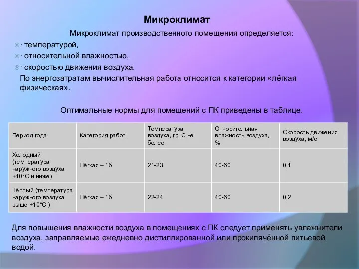 Микроклимат Микроклимат производственного помещения определяется: · температурой, · относительной влажностью, ·