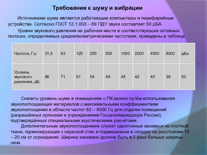 Требования к шуму и вибрации Источниками шума являются работающие компьютеры и