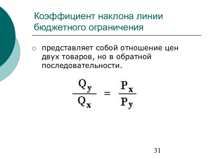 Коэффициент наклона линии бюджетного ограничения представляет собой отношение цен двух товаров, но в обратной последовательности.