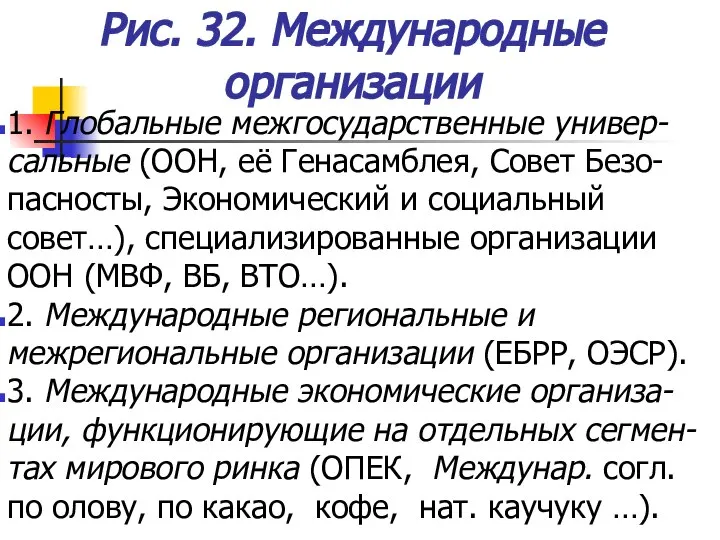 Рис. 32. Международные организации 1. Глобальные межгосударственные универ-сальные (ООН, её Генасамблея,