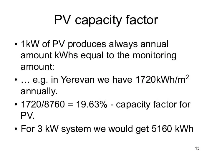 PV capacity factor 1kW of PV produces always annual amount kWhs