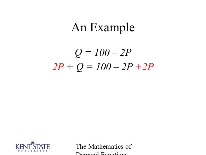 The Mathematics of Demand Functions An Example Q = 100 –