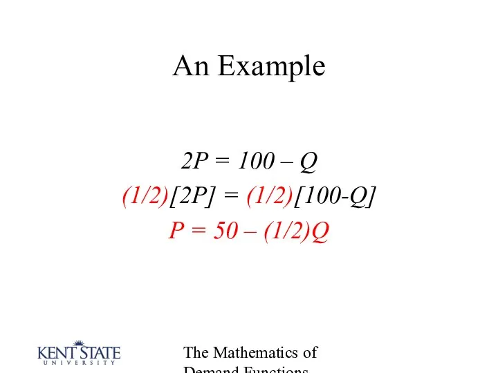 The Mathematics of Demand Functions An Example 2P = 100 –