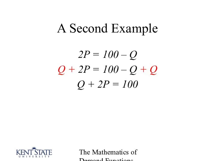 The Mathematics of Demand Functions A Second Example 2P = 100