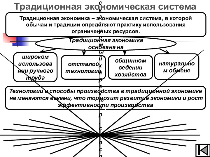 Традиционная экономическая система Традиционная экономика – экономическая система, в которой обычаи