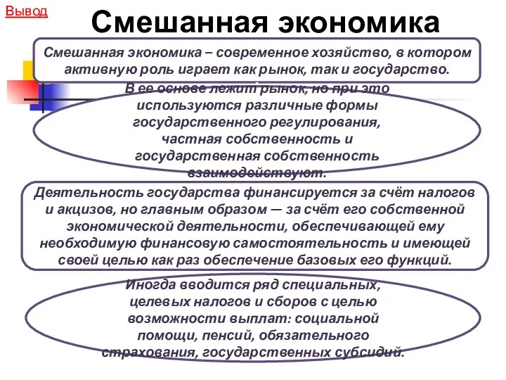 Смешанная экономика Смешанная экономика – современное хозяйство, в котором активную роль