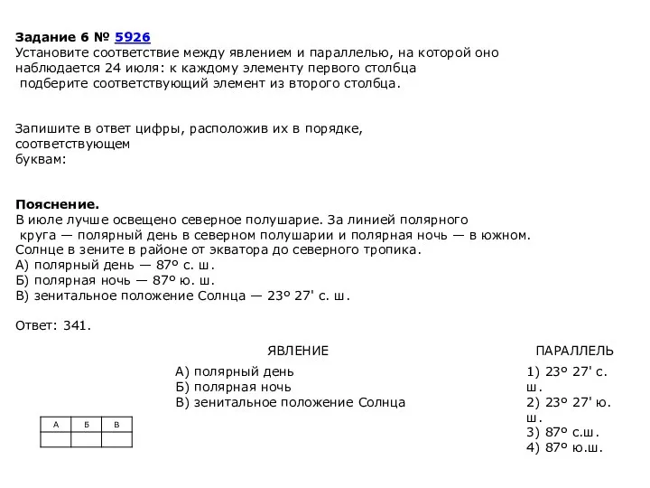 Задание 6 № 5926 Установите со­от­вет­ствие между яв­ле­ни­ем и параллелью, на