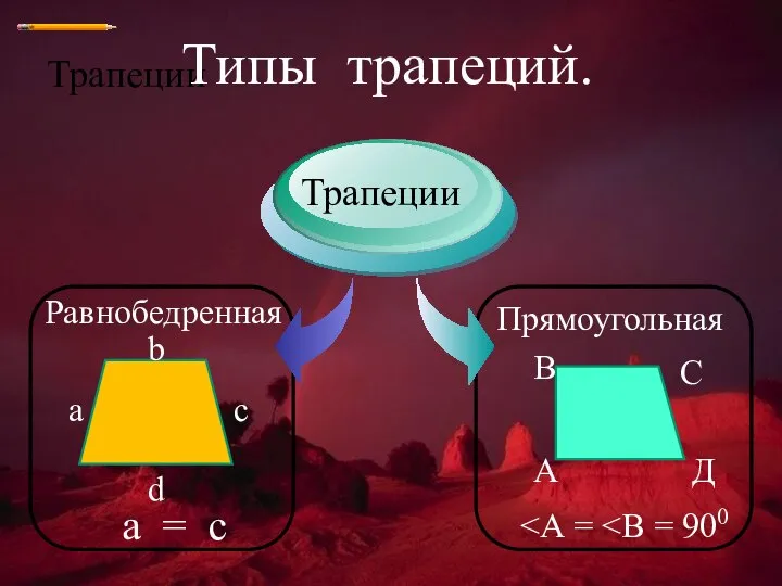 Трапеции Типы трапеций. Трапеции Равнобедренная Прямоугольная a b c d a