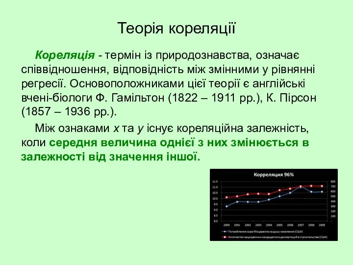 Теорія кореляції Кореляція - термін із природознавства, означає співвідношення, відповідність між