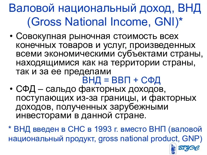 Валовой национальный доход, ВНД (Gross National Income, GNI)* Cовокупная рыночная стоимость