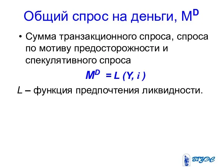 Общий спрос на деньги, МD Сумма транзакционного спроса, спроса по мотиву