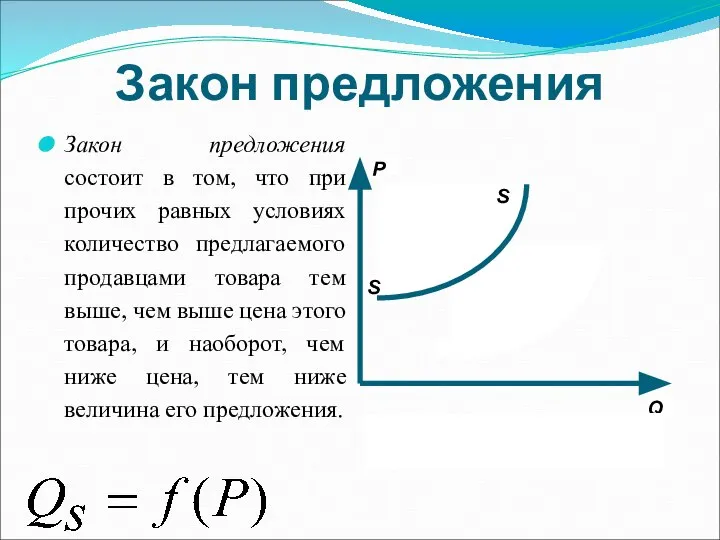 Закон предложения Закон предложения состоит в том, что при прочих равных