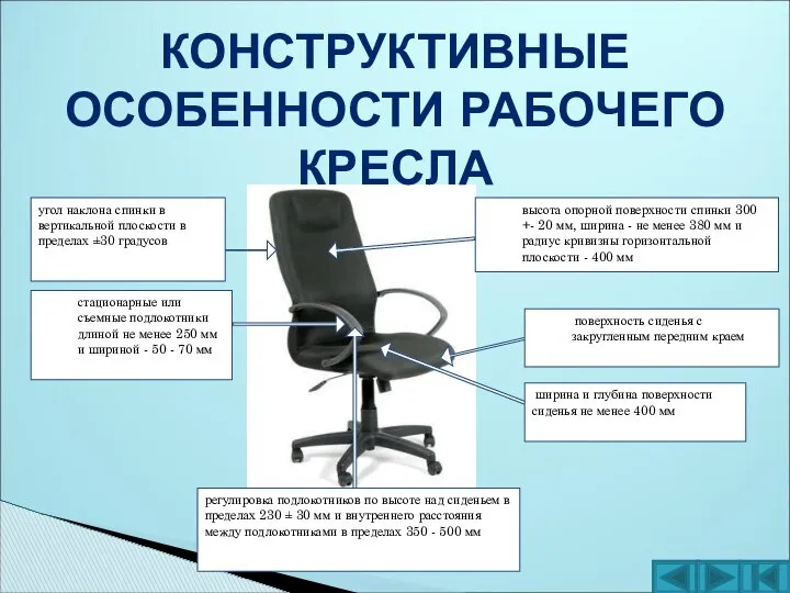 КОНСТРУКТИВНЫЕ ОСОБЕННОСТИ РАБОЧЕГО КРЕСЛА стационарные или съемные подлокотники длиной не менее