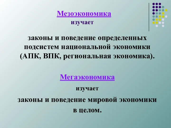 Мезоэкономика изучает законы и поведение определенных подсистем национальной экономики (АПК, ВПК,