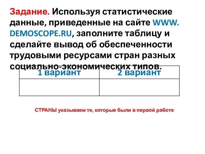 Задание. Используя статистические данные, приведенные на сайте WWW. DEMOSCOPE.RU, заполните таблицу